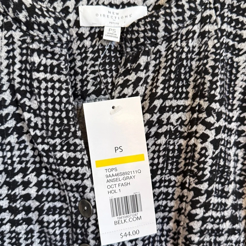 NEW DIRECTIONS NWT WOMEN’S SIZE PS ROLL TAB BLACK GRAY HOUNDSTOOTH 3/4 SLEEVE